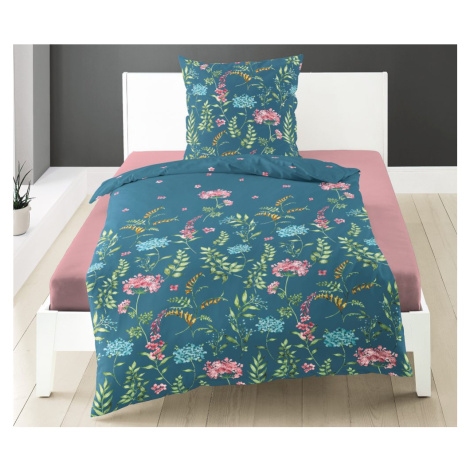 Bierbaum povlečení bavlněný satén 3677 Flowers Petrol - 140x200 / 70x90 cm