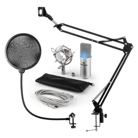 Auna MIC-900S-LED, USB MIKROFONNÍ SADA V4, STŘÍBRNÁ, kondenzátorové mikrofony, POP FILTER, mikro