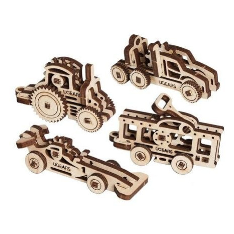 Ugears 3D dřevěné mechanické puzzle 4 mechanické přívěšky Vozidla