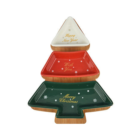 H&L Servírovací sada Stromeček: Bambusový tác a 3 kameninové misky se zlatou (27 × 20 × 4 cm)