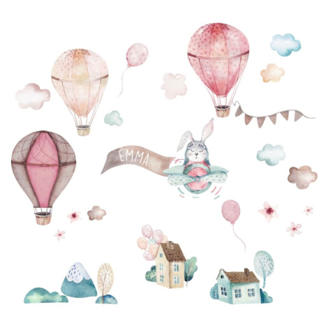 Samolepky na zeď pro holčičky - Růžové balóny, zajíc a domy INSPIO