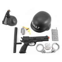 Sada policie SWAT helma+pistole na setrvačník s doplňky plast v síťce