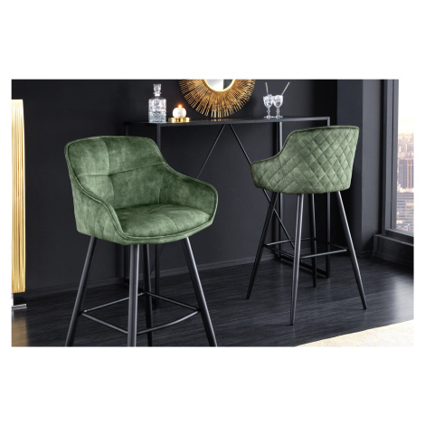 Estila Moderní industriální barová židle Rufus s olivově zeleným sametovým čalouněním a černou k