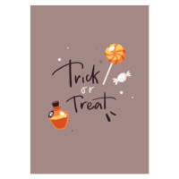 Halloween card with lettering Trick or Treat. Candies and bottle with poison.,, 26.7 × 40 cm