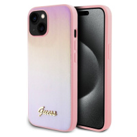 Guess PU Leather Iridescent Metal Script kryt iPhone 15 růžový