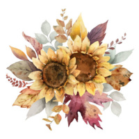 Fotografie Watercolor vector autumn bouquet with sunflower,, ElenaMedvedeva, 40 × 40 cm