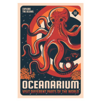 Ilustrace Octopus in oceanarium aquarium retro vector banner, seamartini, 26.7 × 40 cm