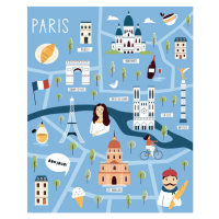 Ilustrace Colorful illustrated cartoon map of Paris,, undefined undefined, 30 × 40 cm