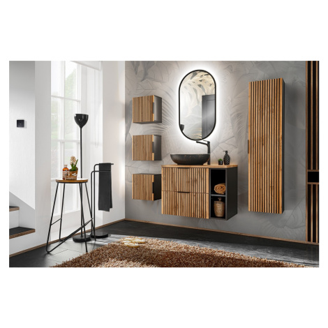 Comad Koupelnová sestava Casad 80 cm s umyvadlem, skříňkami a zrcadlem černá/dub wotan