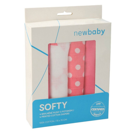 NEW BABY - Látkové bavlněné pleny Softy s potiskem 70 x 70 cm 4 ks růžovo-bílé