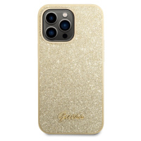 Guess PC/TPU Glitter Flakes Metal Logo kryt iPhone 14 Pro zlatý
