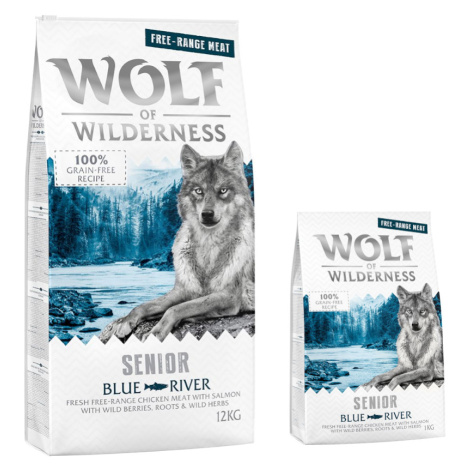 Wolf of Wilderness, 12 + 2 kg zdarma! - Senior Blue River – kuřecí z volného chovu a losos