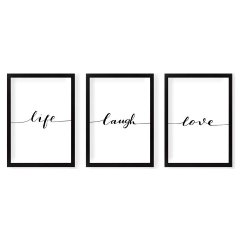 Sada plakátů v rámu 3 ks 24x29 cm Life Laugh Love – Vavien Artwork