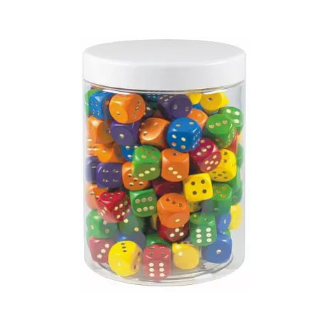 Hrací kostky barevné dřevo společenská hra 16mm 150 ks v plastové dóze 10x14cm Detoa