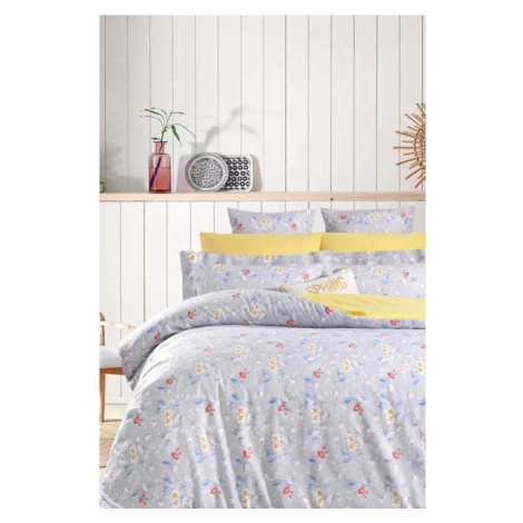 Žluto-šedé prodloužené povlečení na dvoulůžko z bavlny Renforcé s prostěradlem/4dílné 200x220 cm Mila Home