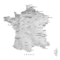 Mapa Map of France in gray watercolor, Blursbyai, 40 × 26.7 cm