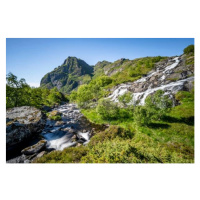 Fotografie Lofoten waterfall on the hiking trail, imageBROKER/Mara Brandl, 40 × 26.7 cm