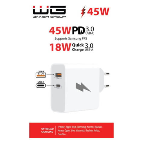 Síťová nabíječka WG 2xUSB, USB-C PD 45W + USB QC3,0 18W, bílá Winner Group