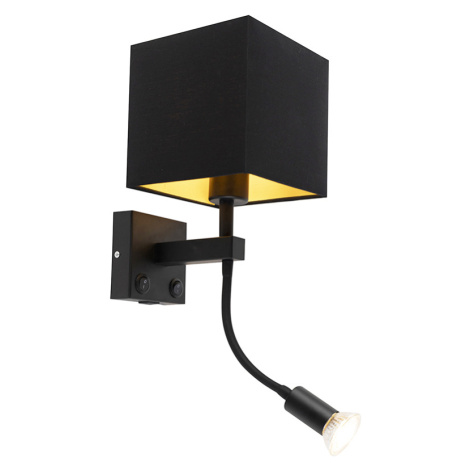 Moderní nástěnná lampa černá s USB a čtvercovým černým odstínem - Zeno QAZQA