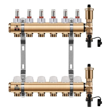 Wigell Podlahový rozdělovač WIGELL, 6 okruhů, mosazný + automatické odvzdušňování