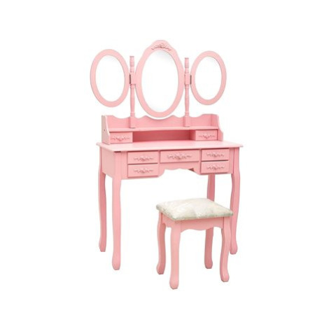 Toaletní stolek se stoličkou a 3dílné skládací zrcadlo růžový SHUMEE