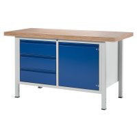 RAU Dílenský stůl s rámovou konstrukcí, 3 zásuvky, 1 dveře, šířka desky 1500 mm, hořcově modrá