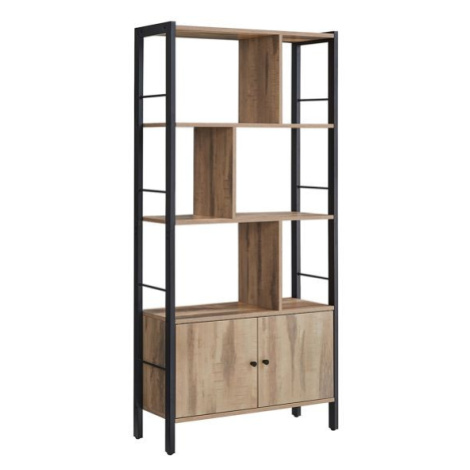 Industriální knihovna s dvířky a 4 policemi, dub/černá VASAGLE