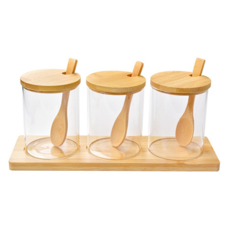 Sada 3 skleněných dóz se lžičkou na dřevěném podstavci Parfait – 8x10 cm Clayre & Eef