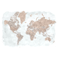 Mapa Neutrals and muted blue watercolor world map with cities, Calista, Blursbyai, (40 x 26.7 cm