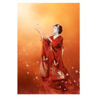 Ilustrace Geisha in long red kimono catching a cherry blosso, Coneyl Jay, 26.7x40 cm