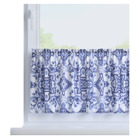 Dekoria Jednoduchá vitrážková záclona na metry, modré vzory na bílém pozadí, wys. 40 cm+2,5 cm g