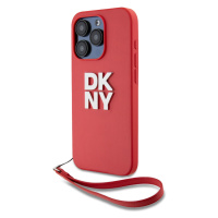 Zaní kryt DKNY PU Leather Stack Logo Wrist Strap pro Apple iPhone 15 Pro, červená