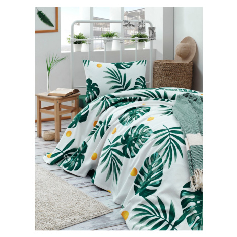 L'essentiel Bavlněný pique přehoz Monstera 160x235 cm zelený/bílý