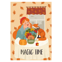 Ilustrace Cute girl with a fox. Autumn fairy tale illustration. Vector design for card, poster, 