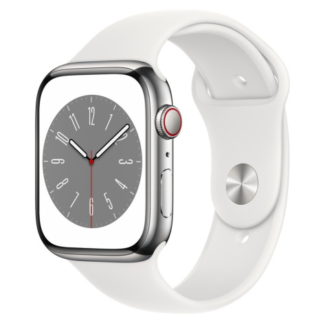Apple Watch Series 8 Cellular 45mm stříbrná ocel s bílým sportovním řemínkem