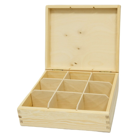 Dřevěná krabička s víkem na čaj s devíti přihrádkami 24x21x8cm