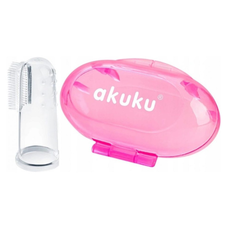 akuku Zubní kartáček pro miminka, silikonový s pouzdrem - růžový, Akuku