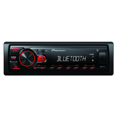 Pioneer MVH-230 autorádio s USB a Bluetooth s integrovaným mikrofonem červené