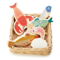Dřevěný košík s mořskými plody Seafood Basket Tender Leaf Toys s rybami a mušlemi