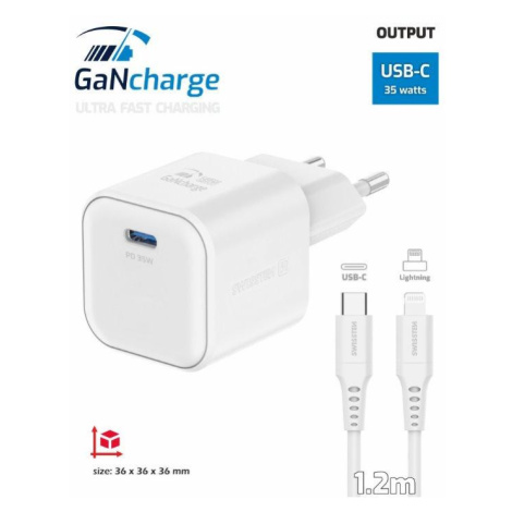 SWISSTEN SÍŤOVÝ ADAPTÉR GaN 1x USB-C 35W POWER DELIVERY BÍLÝ + DATOVÝ KABEL USB-C/LIGHTNING 1,2 