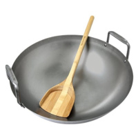 Ocelová wok pánev s bambusovou špachtlí