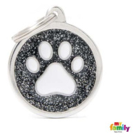 My Family MF BLACK BIG GLITTER CIRCLE WHITE PAW 3,93x3,17 cm gravírovateľný přívěsek