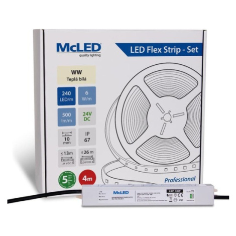 McLED  LED pásek - sada 4 m, 240 LED/m, WW, 6 W/m, DC 24V, 500 lm/m, CRI90, IP67, 10 mm, vodič 3