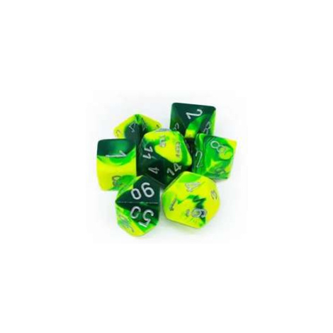 Chessex sada 7 vícestěnných kostek - Zeleno-žlutá se stříbrnými čísly