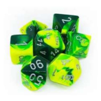 Chessex sada 7 vícestěnných kostek - Zeleno-žlutá se stříbrnými čísly