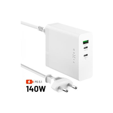 Síťová GaN nabíječka FIXED Charging Station s 2xUSB-C a USB výstupem, podpora PD 3.1, 140W, bílá