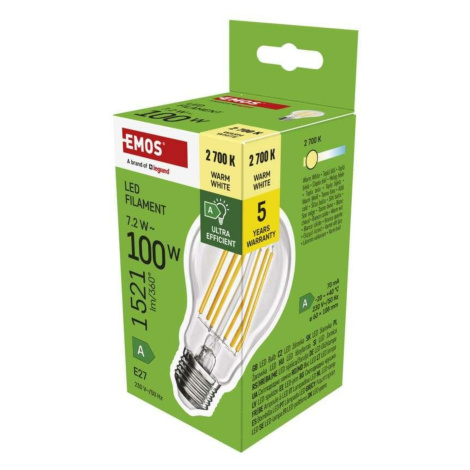 EMOS LED žárovka Filament A60 A CLASS / E27 / 7,2 W (100 W) / 1521 lm / teplá bílá ZF5167