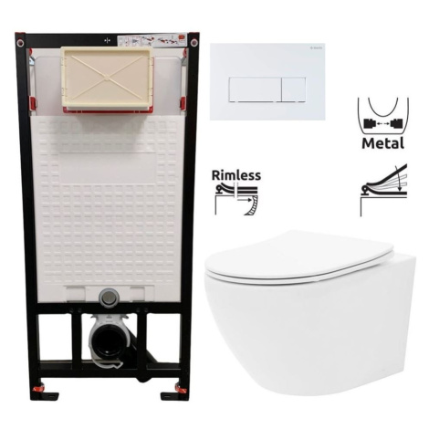 DEANTE Podomítkový rám, pro závěsné WC mísy + SLIM tlačítko bílé + WC REA Carlo Flat Mini Rimles