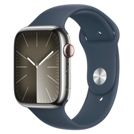 Apple Watch Series 9 Cellular 45mm Stříbrná ocel s bouřkově modrým sportovním řemínkem S/M Stříb