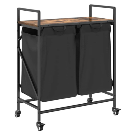 vidaXL Koš na prádlo se 2 přihrádkami a kolečky kouřový dub